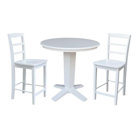 International Concepts 36 in. Solid Wood Round Top Pedestal Dining Table with 2 Counter Height Stools in White K08-36RT-23B-S402-2